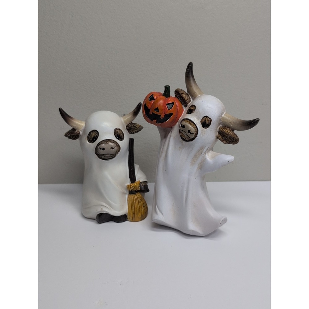 Gerson Halloween Decor - Ghost with Pumpkin Highland Cow Figurines 2pc
